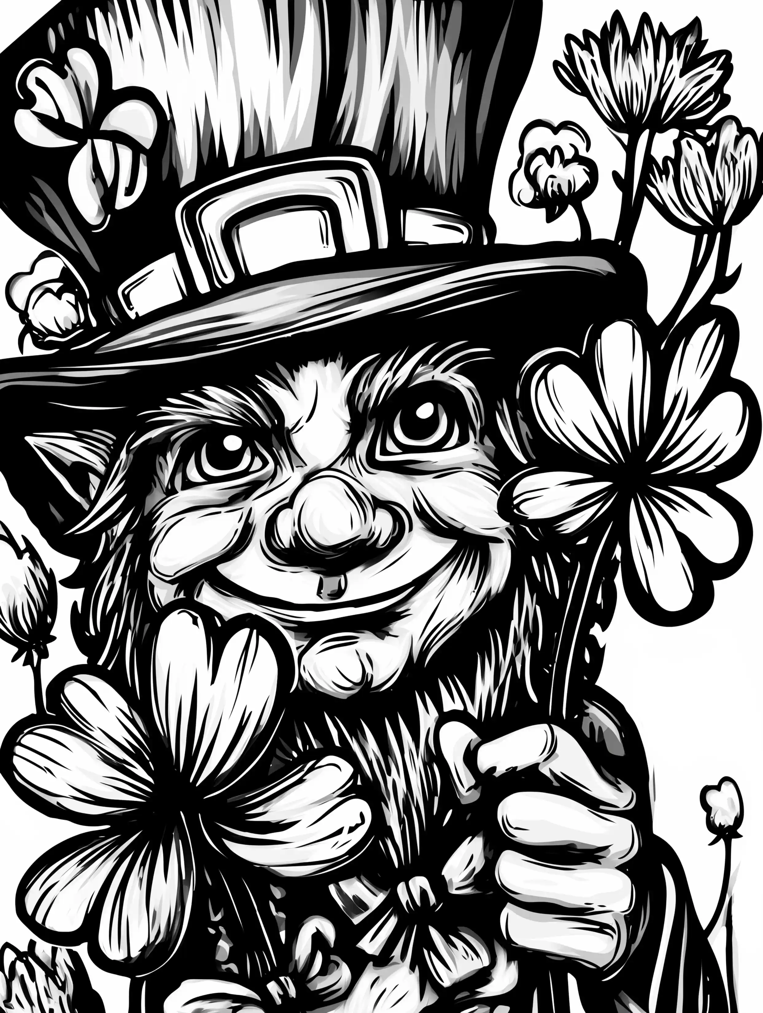 Free printable St Patricks Day coloring page for adults featuring a leprechaun holding clovers